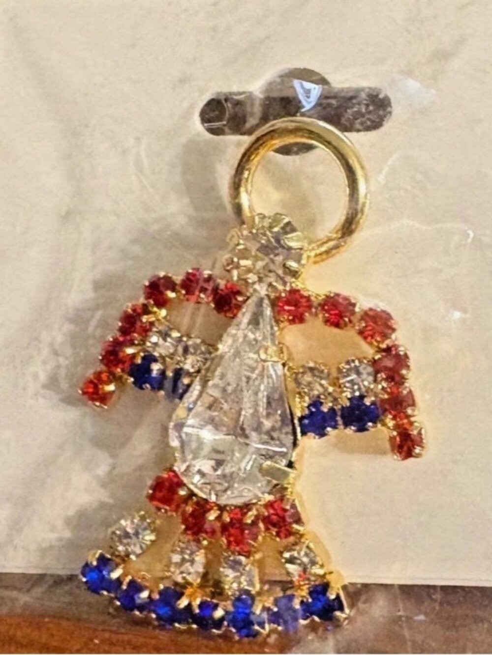 USA Patriotic Angel Lapel Pin Red White Blue Faux Jewels Gold-Tone Metal July 4
